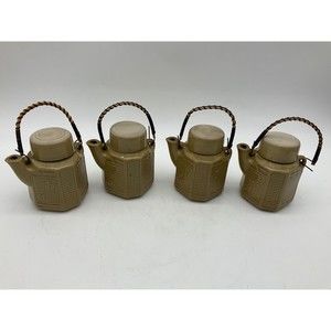 Set 4 Sake Tea Pot Pottery Pier 1  Lid Bamboo Handle 5"
